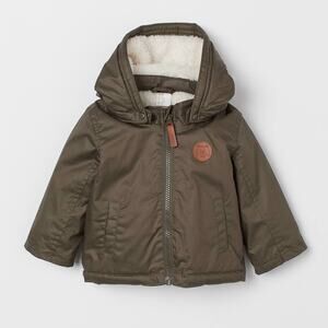 H&M Dark Khaki Green Hooded Faux Shearling Lined Jacket Size 2T